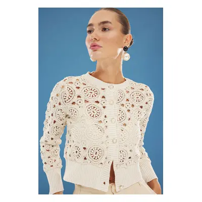 Trendyol Stone Crew Neck Openwork Knitted Cardigan