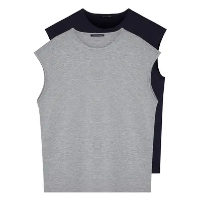 Trendyol Basic Navy Blue-Grey Pack Oversize/Wide Cut Cotton Sleeveless T-Shirt/Athlete