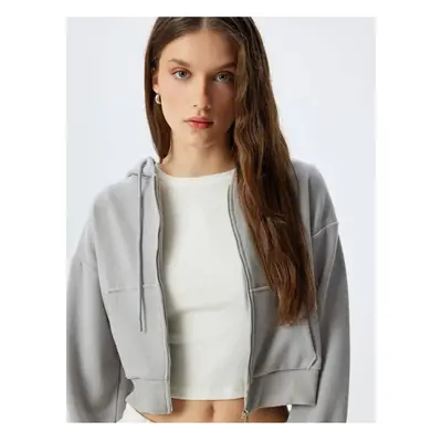 Koton Long Sleeve Crop Hooded Zippered Sweatshirt with Pockets