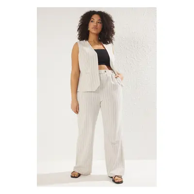 Trendyol Curve Beige Linen Content Elastic Waist Striped Woven Plus Size Trousers