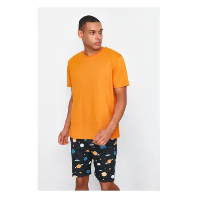 Trendyol Orange Regular Fit Printed Knitted Pajama Set with Shorts