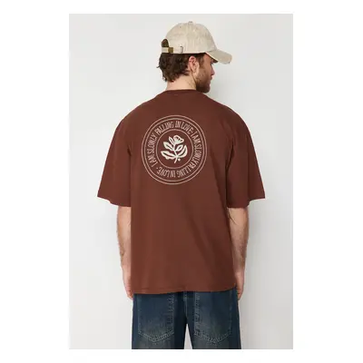 Trendyol Dark Brown Oversize Embroidered 100% Cotton T-Shirt