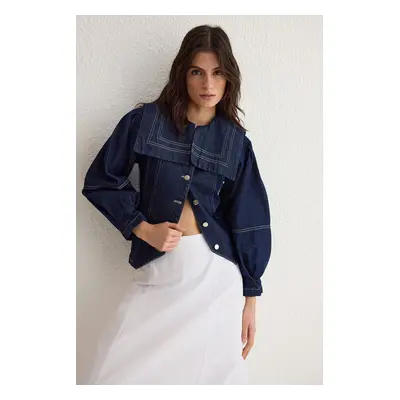 Trendyol Dark Blue Sailor Collar Detail Contrast Stitching Denim Shirt Jacket