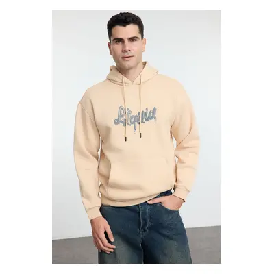 Trendyol Stone Oversize/Wide Cut Text Printed Inside Polar Fleece Hooded Sweatshirt