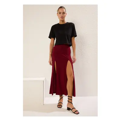 Trendyol Burgundy A-line/Belt Opening Slit Elastic Maxi Knitted Skirt