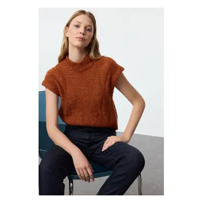 Trendyol Tan Soft Texture Crop Short Sleeve Crew Neck Knit Sweater