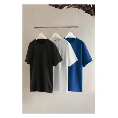 Trendyol Black-White-Navy Blue 3some Oversize/Wide Cut Tagged 100% Cotton T-shirt