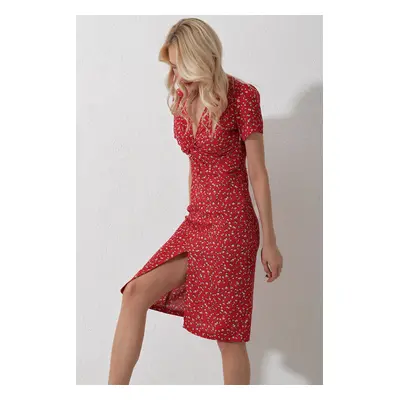 Trend Alaçatı Stili Women's Red V-Neck Front Knotted Floral Pattern Woven Dress