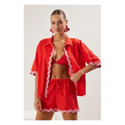 Trendyol Red Pink Stripe Accessory Kimono Shorts Set