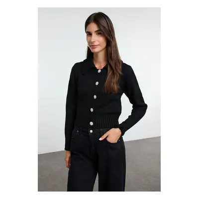 Trendyol Black Crop Soft Texture Jeweled Button Knit Cardigan