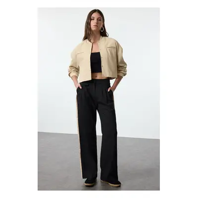 Trendyol Black Linen Look Wide Leg/Wide Leg Side Stripe Detail Woven Trousers