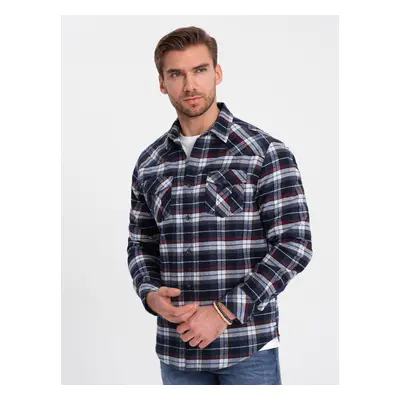 Ombre Men's checkered flannel shirt with pockets - navy blue and red