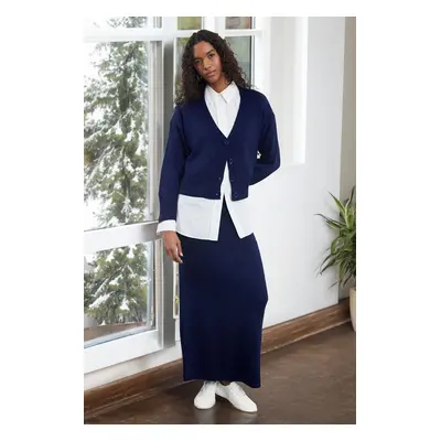 Trendyol Navy Blue Knitwear Cardigan Skirt Top and Bottom Set