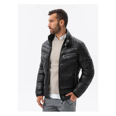 Ombre Men's winter quilted jacket with decorative zippers - black