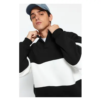 Trendyol Black Oversize/Wide Cut Snap Button Color Inside Polar Fleece Cotton Sweatshirt