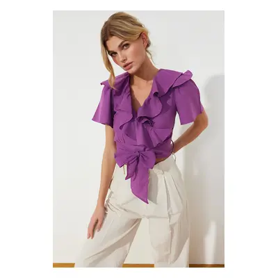 Trendyol Purple Ruffle and Tie Detailed Woven Blouse