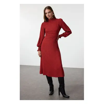 Trendyol Burgundy Waist Opening Polka Dot Midi Woven Dress