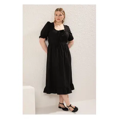 Trendyol Curve Black Square Collar Back Tie Detail Weaving Plus Size Dress