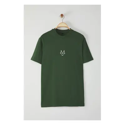 Trendyol Khaki Regular/Normal Cut Wolf Embroidered 100% T-Shirt