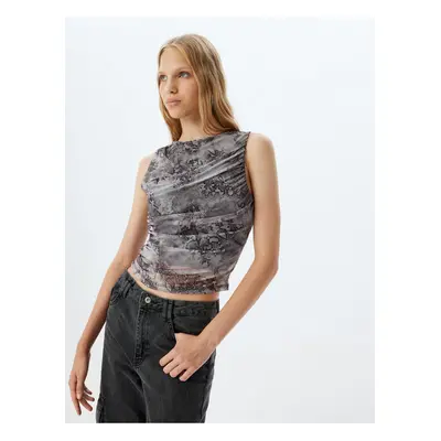 Koton Sleeveless Top Draped Tulle Abstract Pattern Slim Fit