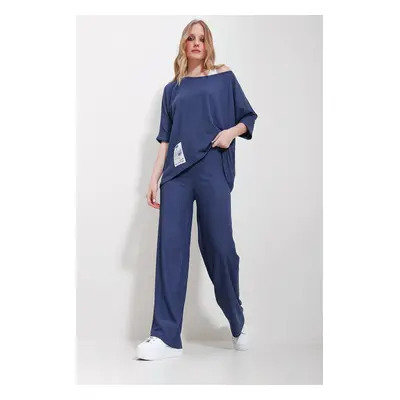 Trend Alaçatı Stili Women's Navy Blue Boat Neck Blouse And Palazzo Trousers 3-Piece Suit