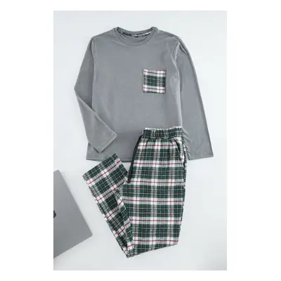 Trendyol Gray-Green Plaid Patterned Woven Pajama Set