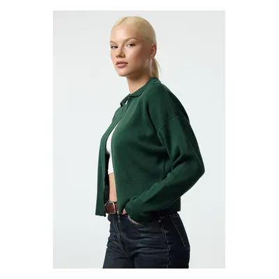 Trendyol Emerald Green Polo Collar Zipper Detailed Knitwear Cardigan