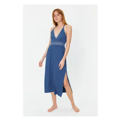 Trendyol Blue Lace Back Detail and Slit Detail Rope Strap Knitted Nightgown