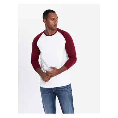 Ombre Men's longsleeve with contrasting raglan sleeves - white and maroon