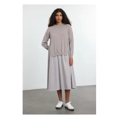 Trendyol Mink Striped Knitwear Garnished Straight Cut Midi Woven Dress