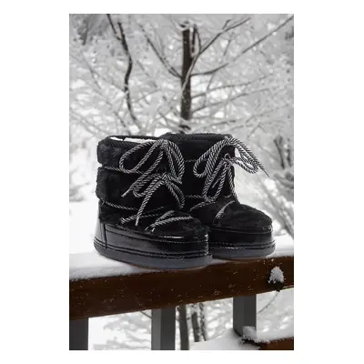 Trendyol Black Fur Lace-Up Short Flat Heel Women's Snow Boots