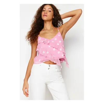 Trendyol Pink Chiffon Lined Frilly Strappy Polka Dot Woven Blouse