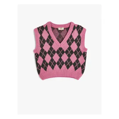 Koton Sweater Diamond Pattern V Neck Soft Textured