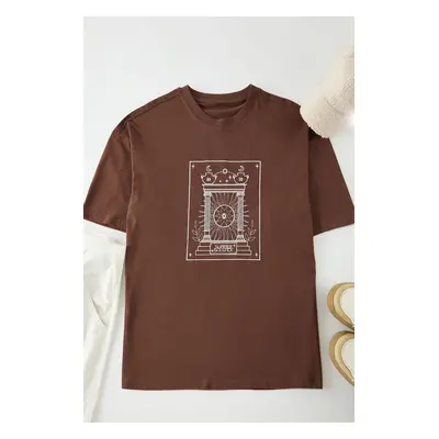 Trendyol Dark Brown Oversize/Wide Cut Embroidered 100% Cotton T-shirt