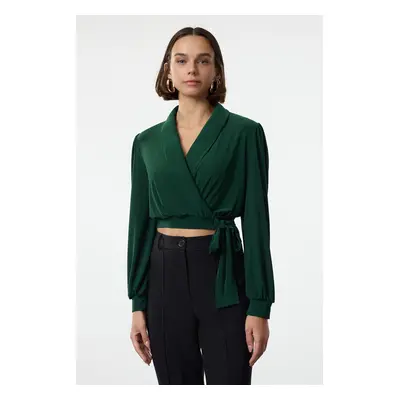 Trendyol Emerald Green Double Breasted Crop Elastic Knit Blouse