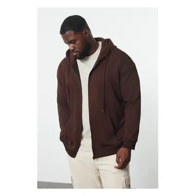 Trendyol Brown Plus Size Oversize Basic Hooded Zippered Inside Fleece Cotton Sweatshirt