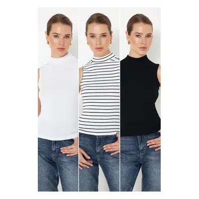 Trendyol Black-White-Multicolor 3-Pack Fitted/Fitted Stretch Knitted Blouse