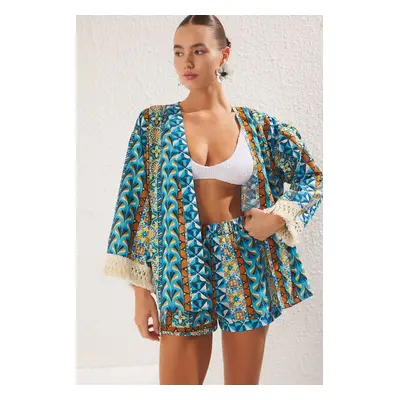 Trendyol Ethnic Patterned Tassel Kimono Shorts Set