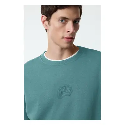 Trendyol Mint Oversize/Wide Cut Embossed Text Printed Polar Fleece Inside Sweatshirt