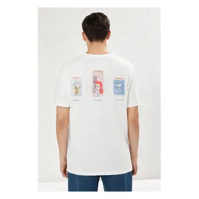 Trendyol Ecru Oversize/Wide Cut Printed 100% Cotton T-Shirt