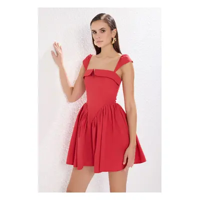 Trendyol Red A-Line Buttoned Poplin Woven Poplin Short Chic Dress