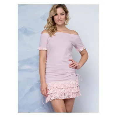 Lemonade dress decorated with carmen neckline and lace frills pink