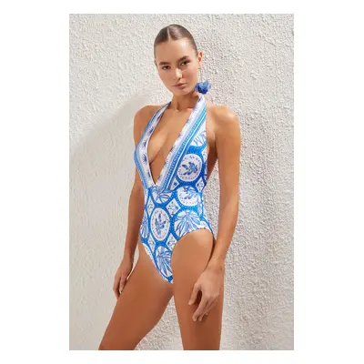 Trendyol Tropical Patterned Deep V Neck Swimsuit