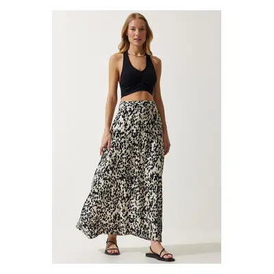 Happiness İstanbul Women's Cream Black Patterned Long Viscose Skirt