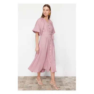 Trendyol Pink Belted Half Balloon Sleeve Linen Look Woven Shirt Dress