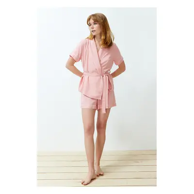 Trendyol Dusty Rose Belted Piping Detail Woven Pajama Set with Viscose Shorts