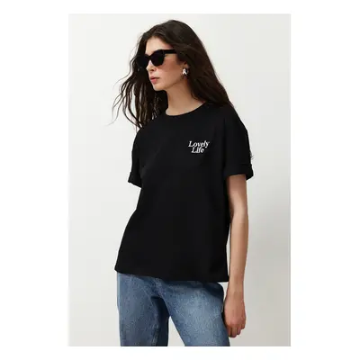 Trendyol Black 100% Cotton Slogan Printed Printed Regular/Normal Fit Pocket Detailed Knitted T-S