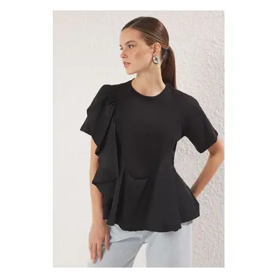 Trendyol Black Poplin Ruffle Detail Regular Cut Knitted Blouse