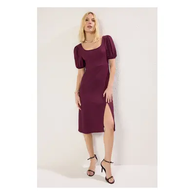 Trendyol Plum Square Collar Balloon Sleeve A-Line Slit Detail Crepe/Textured Midi Knit Dress