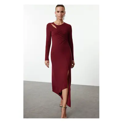 Trendyol Burgundy Asymmetrical Collar Spanish Sleeve Knitted Midi Elegant Evening Dress